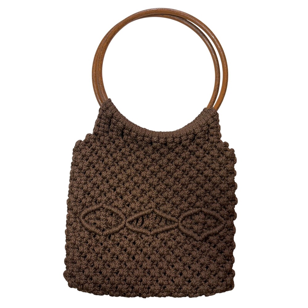 Vintage 1970s Macramé Handbag  Brown Woven Purse w Wooden Ring Handles Boho Bag